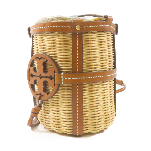 TORY BURCH GHW Miller Wicker Bucket Shoulder Bag Rattan/Leather Brown