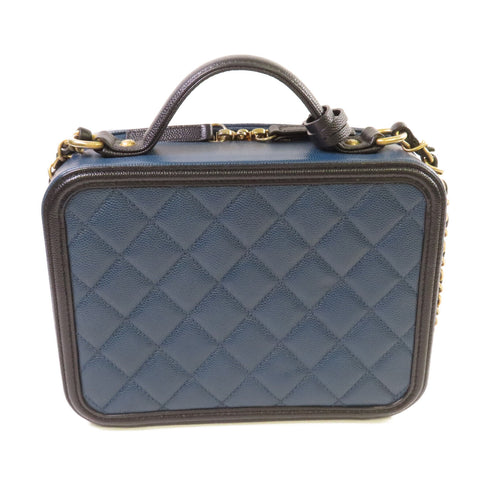 CHANEL Quilted CC Filigree Vanity Case Shoulder Bag Caviar Skin Leather Blue