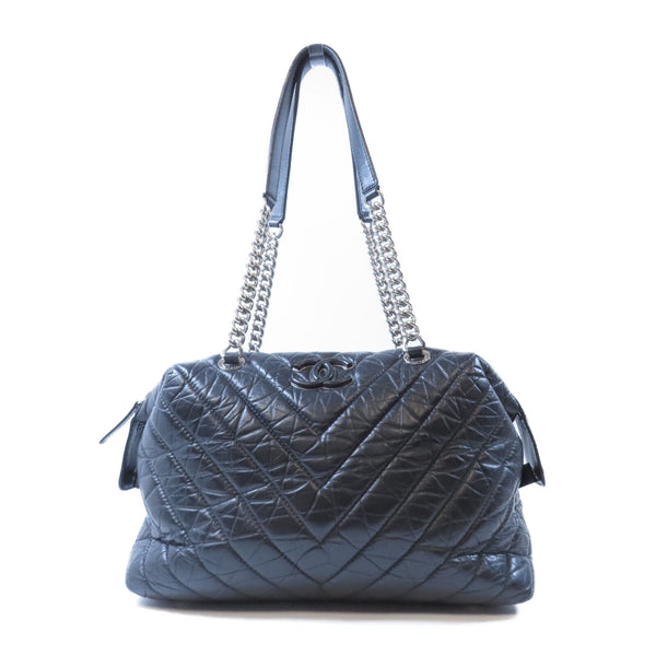 CHANEL Herringbone CC SHW Shoulder Bag Leather Black