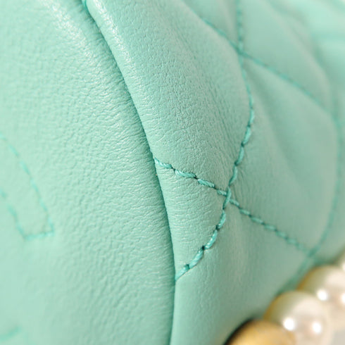 CHANEL CC GHW Pearl Bucket Shoulder Bag Lambskin Leather Green