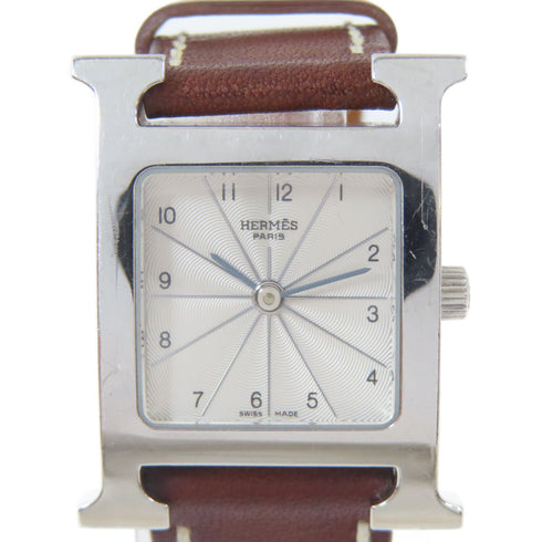 HERMES H watch Quartz Movement Wristwatch Stainless Steel Leather White Brown