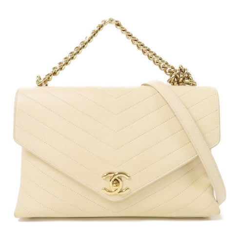 CHANEL Herringbone CC GHW 2 Way Chain Shoulder Bag Calfskin Leather Beige
