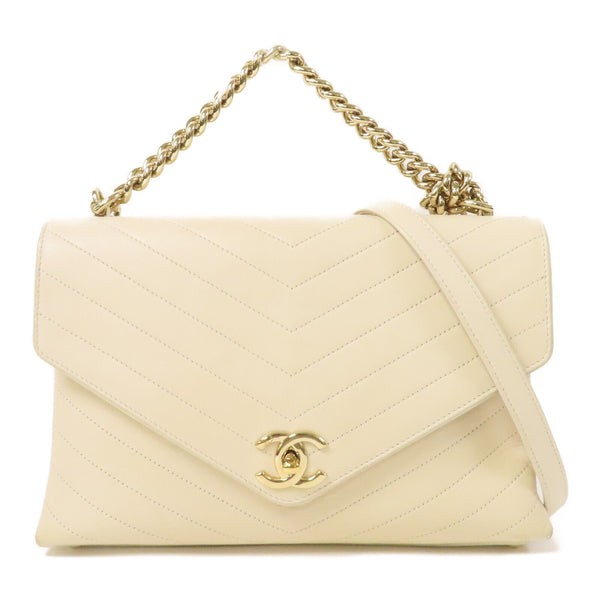CHANEL Herringbone CC GHW 2 Way Chain Shoulder Bag Calfskin Leather Beige