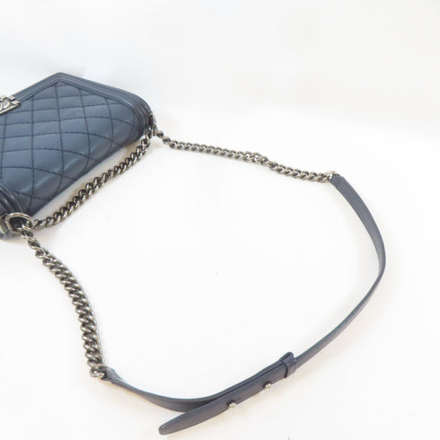 CHANEL Quilted CC Boy Chanel 28 Chain Shoulder Handbag Calfskin Leather Blue