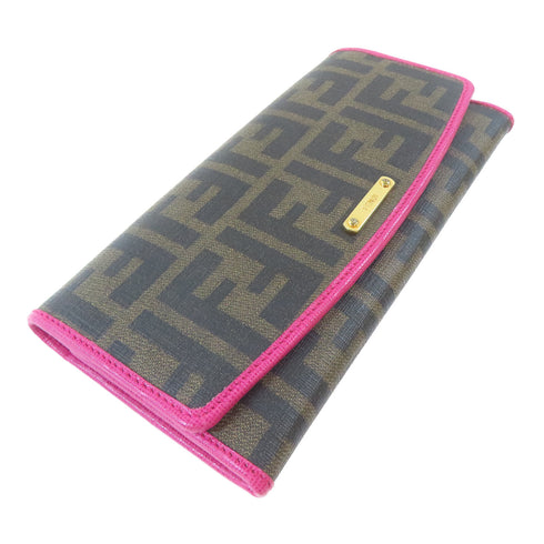 FENDI GHW Long Wallet PVC Coated Canvas Brown Pink