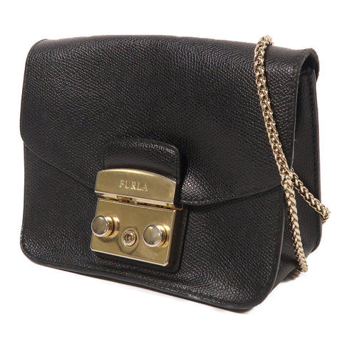 Furla GHW Chain Shoulder Bag Calfskin Leather Black