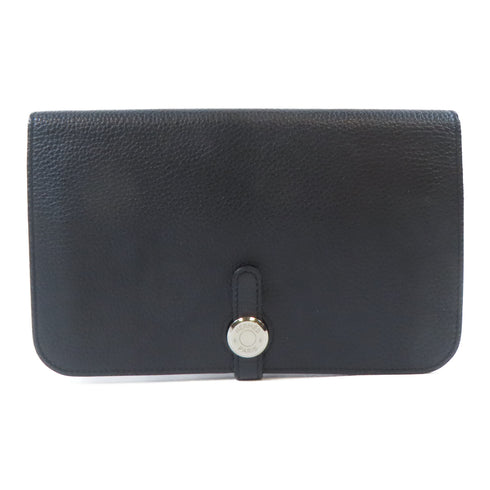 HERMES PHW Dogon GM Long Bifold Wallet Clemence Leather Noir Black
