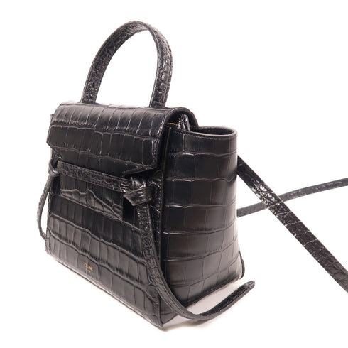 CELINE GHW Belt Bag 2 Way Shoulder Handbag Embossed Calfskin Leather Black