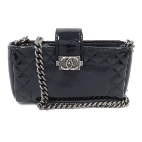 CHANEL CC SHW Chain Shoulder Bag Crossbody Patent Leather Black