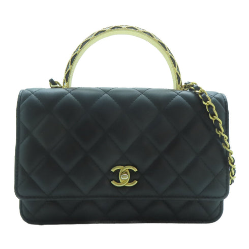 CHANEL Quilted CC GHW Top Handle Wallet On Chain Shoulder Handbag Lambskin Black