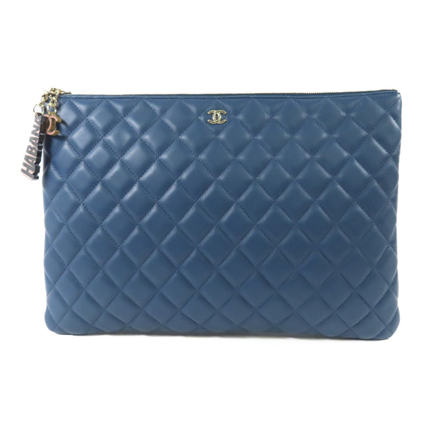 CHANEL CC GHW Pouch Clutch Bag Lambskin Leather Dark Blue