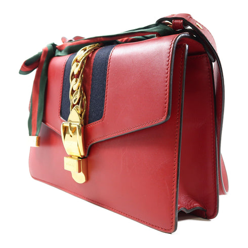 GUCCI GG GHW Sylvie Shoulder Bag 421882 Leather Red