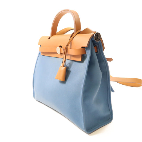 HERMES PHW Herbag PM 2 Way Bag Canvas/Leather J7 Bleu Lin