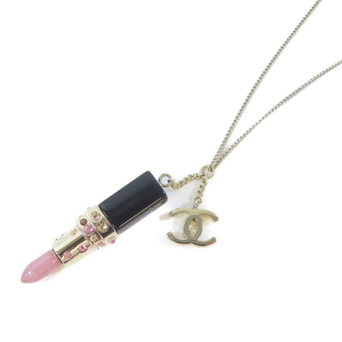 CHANEL CC Necklace Metal Crystal Gold Pink Black #60cm
