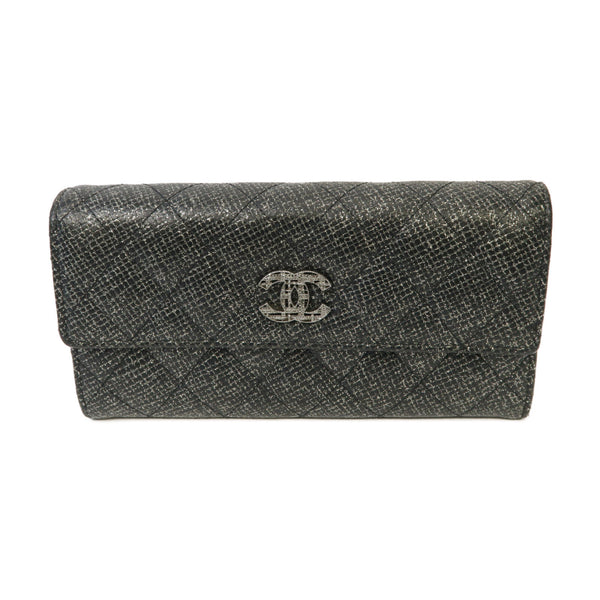 CHANEL Quilted CC SHW Long Wallet Canvas Silver