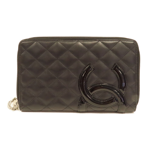 CHANEL Quilted CC SHW Cambon Zipper Long Wallet Calfskin Leather Black Pink