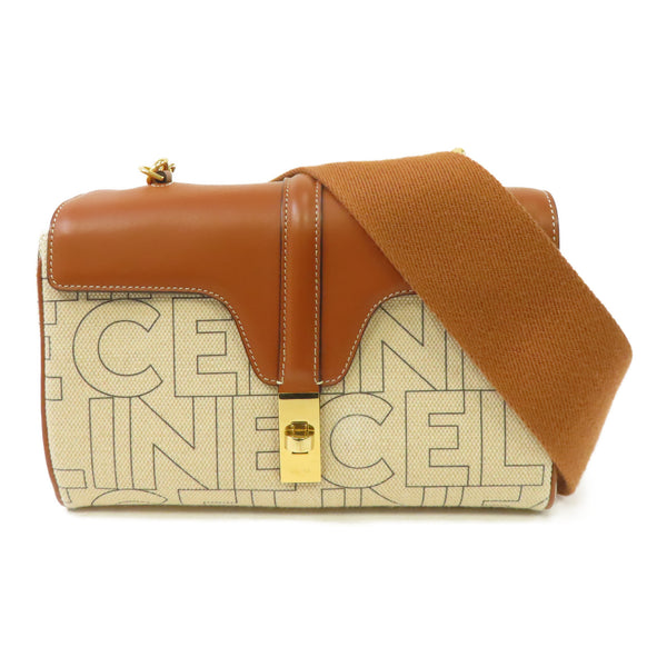 CELINE GHW Teen Soft 16 Shoulder Bag Canvas Leather Beige Brown