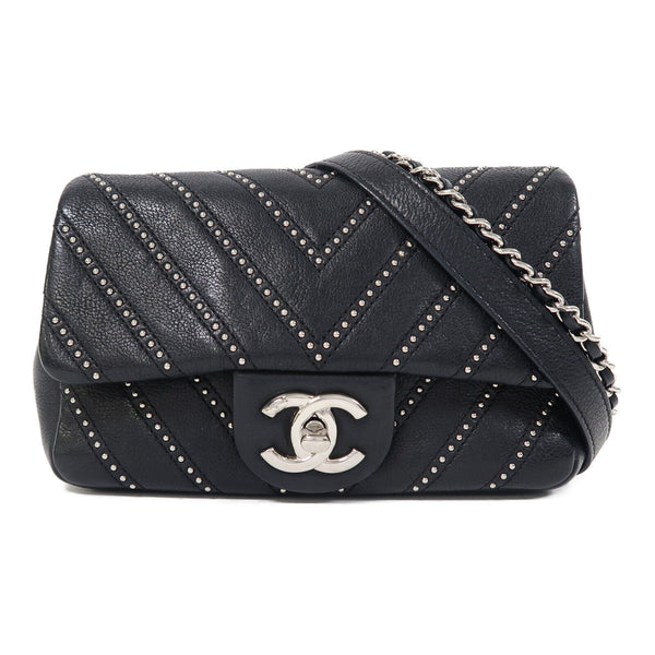 CHANEL Herringbone CC SHW Chain Shoulder Bag Lambskin Leather Black