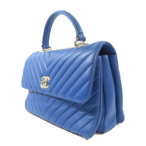 CHANEL Herringbone GHW Trendy CC 2 Way Shoulder Handbag Calfskin Leather Blue