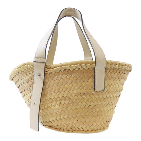 LOEWE SHW Basket In Palm Tote Bag Handbag Raffia/Leather Beige/White