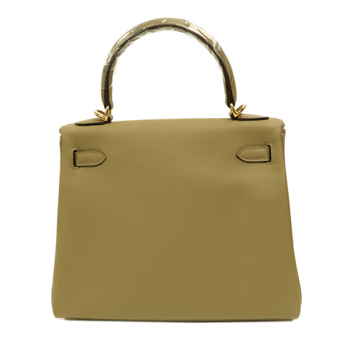 HERMES GHW Kelly 25 2 Way Shoulder Bag Handbag Swift Leather Beige Marfa
