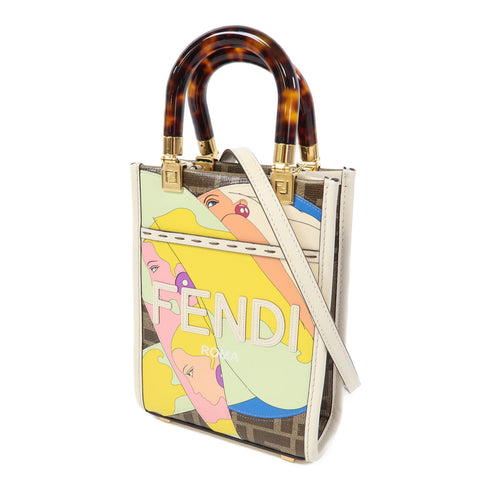 FENDI GHW Mini Sunshine 2way Shoulder Bag 8BS051 Calfskin Leather Coated Canvas