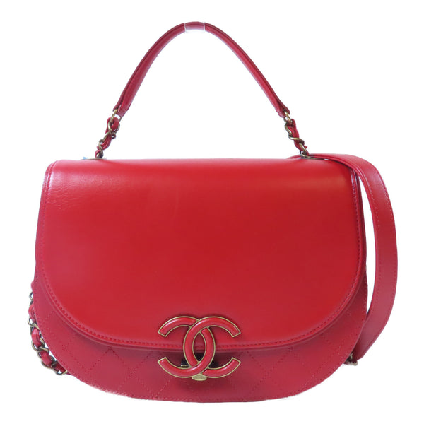 CHANEL Quilted CC GHW 2 Way Chain Shoulder Bag Calfskin Leather Red