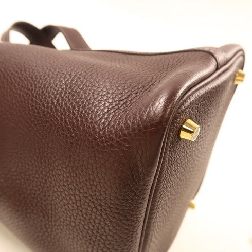 HERMES GHW Picotin PM Tote Bag Clemence Leather 47 Chocolat