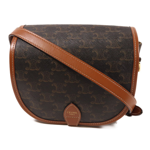 CELINE GHW Folco Triomphe Shoulder Bag PVC Coated Canvas Brown