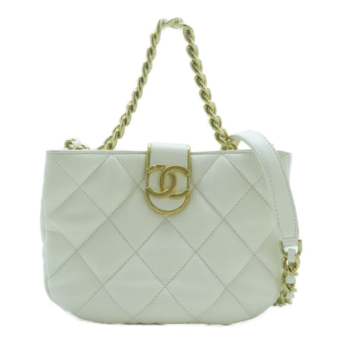 CHANEL Quilted CC GHW Coco Mark 2way Chain Shoulder Bag Lambskin Leather White