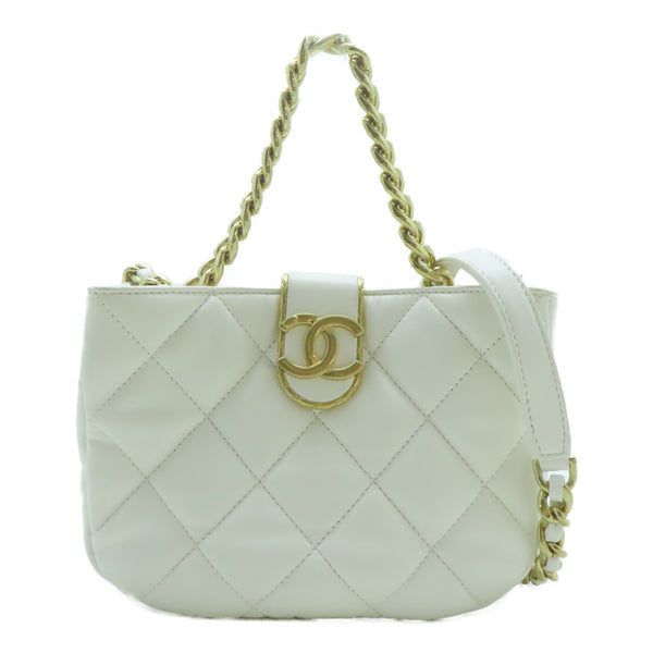 CHANEL Quilted CC GHW Coco Mark 2way Chain Shoulder Bag Lambskin Leather White