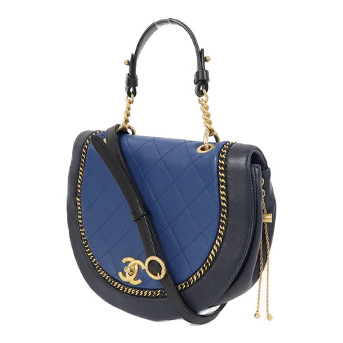 CHANEL CC GHW 2 Way Shoulder Bag Calfskin Leather Blue