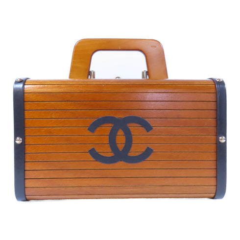 CHANEL CC SHW 1995 Logo Wooden Bag Vanity Case Handbag Wood Brown