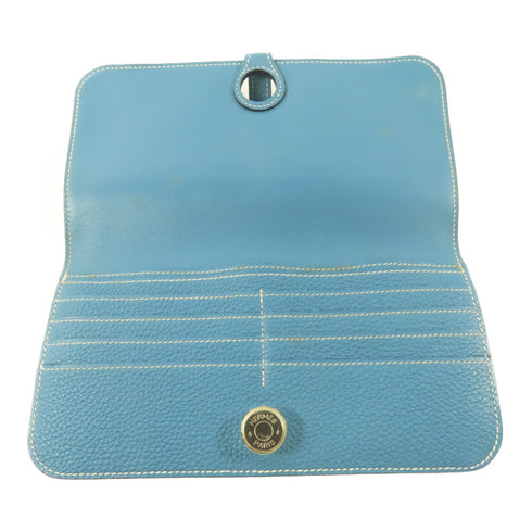 HERMES PHW Dogon MM Long Wallet Clemence Leather Blue Jeans