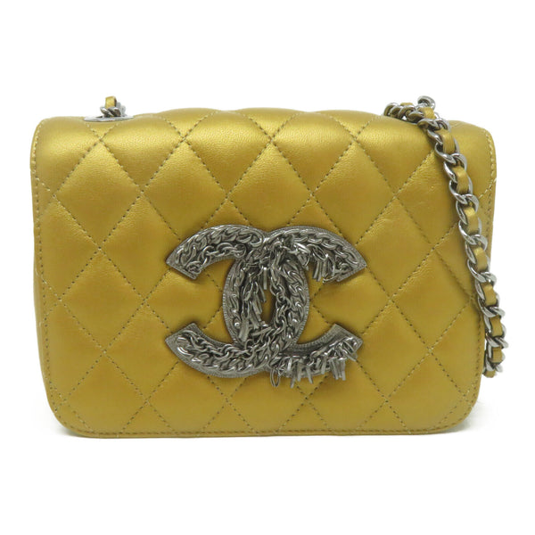 CHANEL Quilted CC SHW Chain Shoulder Bag Cossbody Lambskin Leather Gold Color