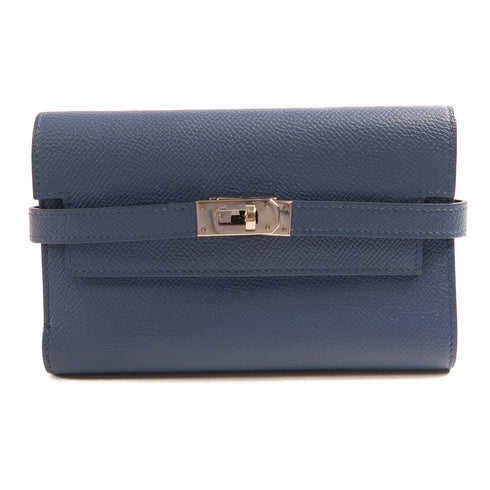 HERMES PHW Kelly Short Wallet Veau Epsom Leather Bleu Paon