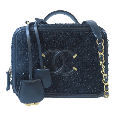 CHANEL Quilted CC GHW Vanity Case 2 Way Chain Shoulder Bag Tweed Black