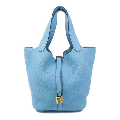 HERMES GHW Picotin MM Handbag Taurillon Clemence Leather Bleu Du Nord
