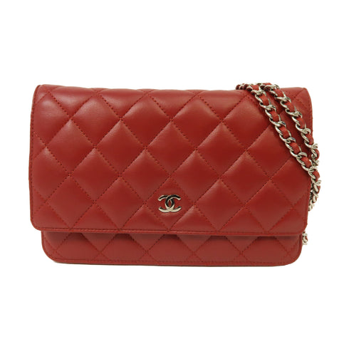CHANEL Quilted CC SHW Wallet On Chain Shoulder Bag Lambskin Leather Red