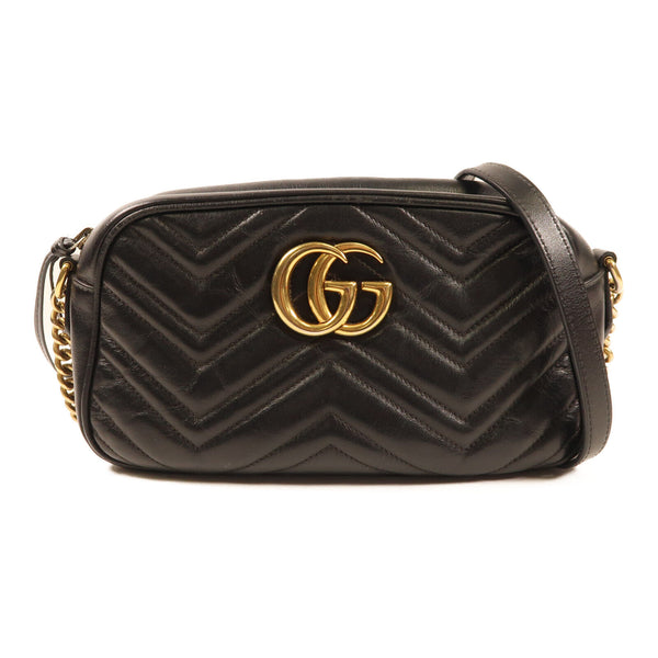 GUCCI GHW GG Marmont Camera Mini Shoulder Bag 447632 Calfskin Leather Black