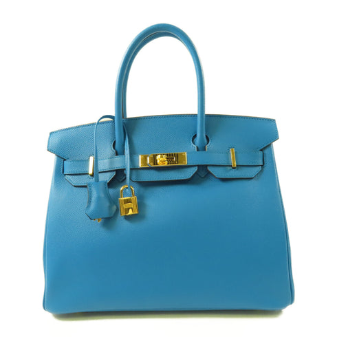 HERMES GHW Birkin 30 Handbag Epsom Leather Bleu Zanzibar Blue