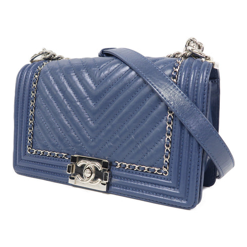 CHANEL Herringbone CC SHW Boy 25 Chain Shoulder Bag Calfskin Leather Blue