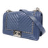 CHANEL Herringbone CC SHW Boy 25 Chain Shoulder Bag Calfskin Leather Blue