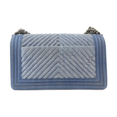 CHANEL Herringbone CC SHW Boy 25 Chain Shoulder Bag A67086 Denim Blue