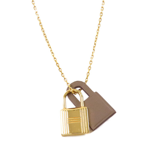 HERMES GHW O'Kelly Necklace Metal Swift Leather Etoupe Brown