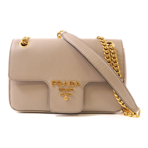 PRADA GHW Chain Shoulder Bag Saffiano Leather Grey 1BD193