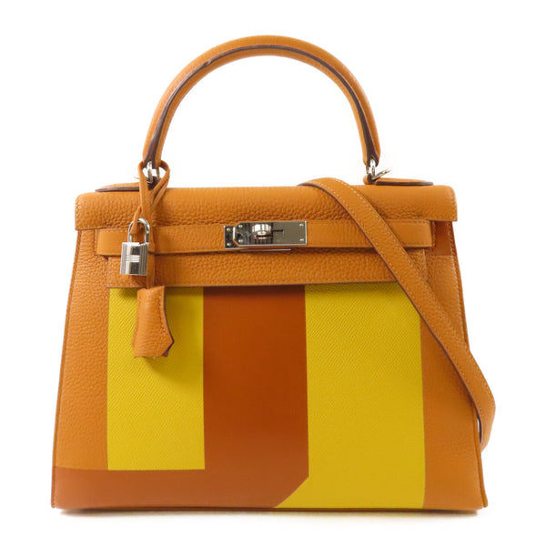 HERMES PHW Kelly 28 2 Way Bag Clemence Leather Brown/Yellow