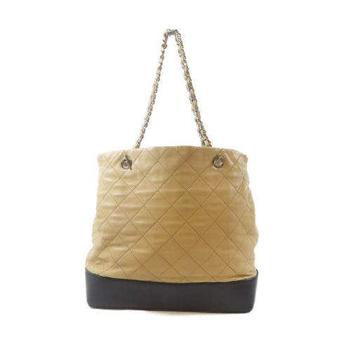 CHANEL Quilted CC SHW Chain Shoulder Handbag Lambskin Leather Beige Black