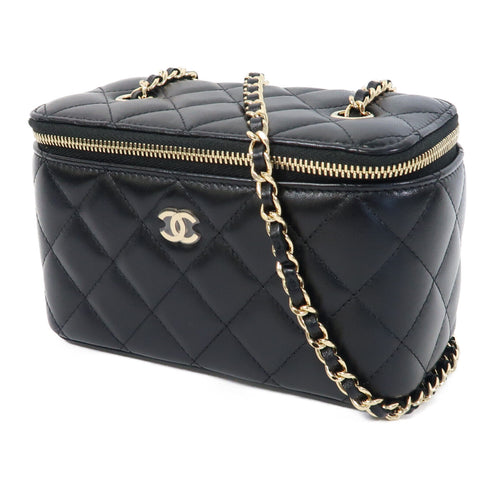 CHANEL Quilted CC GHW Chain Shoulder Vanity Case Bag Lambskin Leather Black