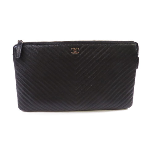 CHANEL Herringbone SHW CC Clutch Bag Pouch Calfskin Leather Black